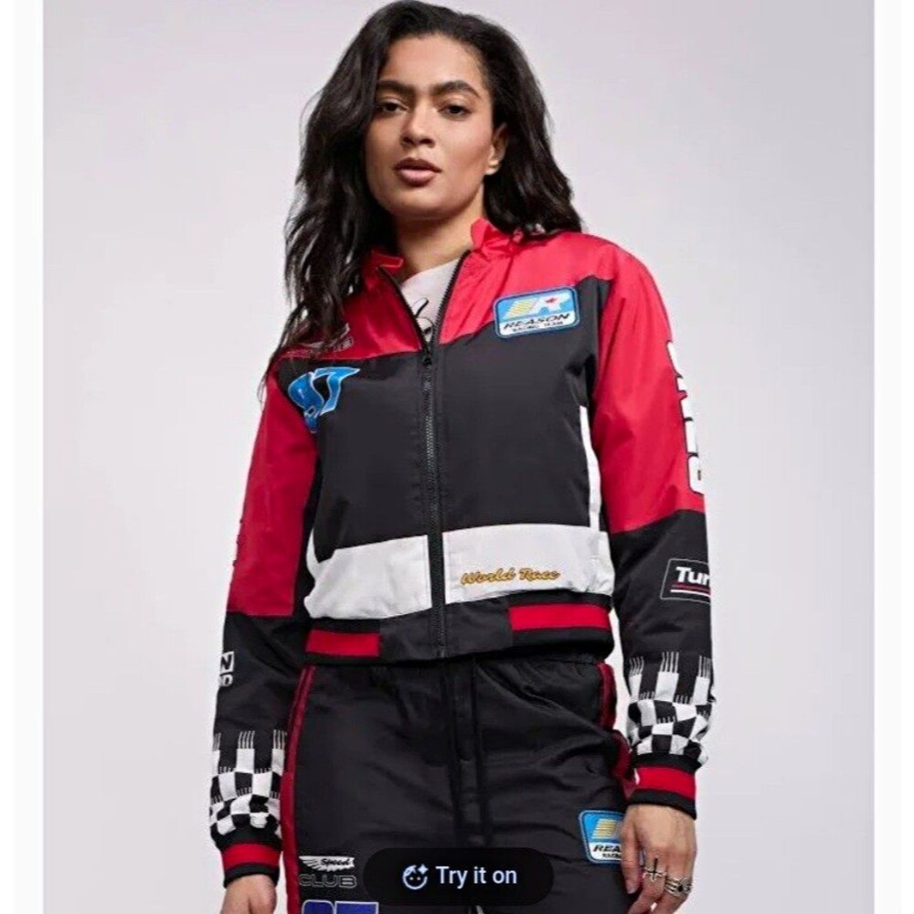 NWT Reason Clothing Women Wild Ones Racing Jacket Black Red Size L Moto Bomber